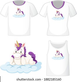 Cute unicorn logo on different white shirts isolated on white background illustration