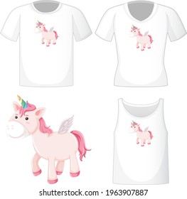 Cute unicorn logo on different white shirts isolated on white background illustration