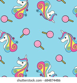 Cute unicorn and lolipop wallpaper, vector illustration