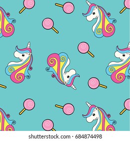 Cute unicorn and lolipop wallpaper, vector illustration