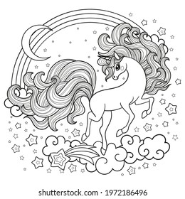 A cute unicorn with a long mane gallops among the stars. Black and white linear drawing. For the design of prints, posters, stickers, coloring books, banners, etc. Vector