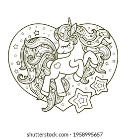 A cute unicorn with a long mane and tail. Linear black and white drawing. For children's design., Coloring books. prints. posters, nibbles, postcards, icons, etc. Vector