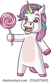 Cute unicorn looking excited as it holds a pink swirl lollipop vector illustration