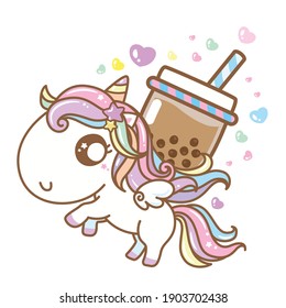 Cute Unicorn love boba tea, unicorn carry bubble tea Cartoon Character. vector design, illustration.