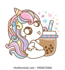 Cute Unicorn love boba tea with color heart,  Pony Cartoon Character. vector design, illustration.