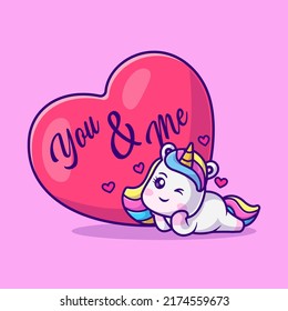 Cute Unicorn With Love Heart Cartoon Vector Icon Illustration. Animal Love Icon Concept Isolated Premium Vector. Flat Cartoon Style