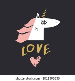 Cute unicorn, love label. Decor elements. Valentine's day card, scandinavian style. Vector, clip art.