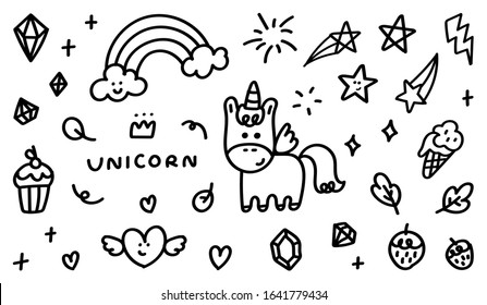 cute unicorn and lovely hand drawn doodle design element, star, cup cake, rainbow , heart, thunder, gem, tree and fruit vector illustration