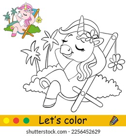 Cute unicorn is lying on a chaise longue. Kids coloring book page with color template. Vector cartoon illustration. For kids coloring, postcard, print, design, decor, tattoo, game and puzzle