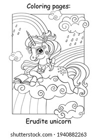 Cute unicorn lying on a cloud with a book. Coloring book page for children. Vector cartoon illustration isolated on white background. For coloring book, education, print, game, decor, puzzle, design