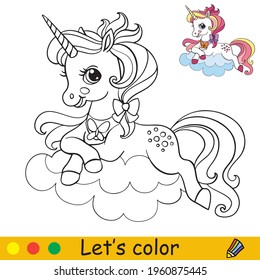 Cute unicorn lying on a cloud. Coloring book page with colorful template. Vector cartoon isolated illustration. For coloring book, education, print, game, party, baby shower, design, decor and apparel
