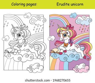 Cute unicorn lying on a cloud and reading a book. Coloring book page for children with template. Vector cartoon isolated illustration. For coloring book, education, print, game, decor, puzzle, design