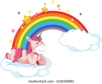 Cute unicorn lying on cloud with rainbow in cartoon style illustration