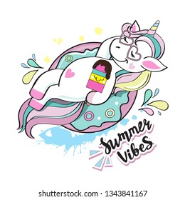 Cute unicorn lying on a donut and eating ice cream and the inscription summer vibes