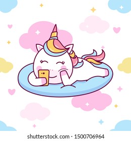 Cute unicorn lying on a pillow while playing smartphone vector seamless pattern illustration perfect for kids fabric and greeting cards.