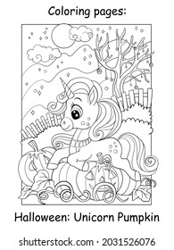 El unicornio lindo está tirado en calabazas en el bosque nocturno. Concepto de Halloween. Página de libro de colorear para niños. Ilustración de dibujos animados. Para colorido libro, educación, impresión, juego, decoración, rompecabezas, diseño