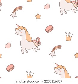 cute unicorn, macaroons, stars and hearts. seamless pattern for fabric, wallpaper, gift wrapping and more