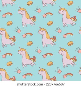 cute unicorn, macaroons, stars and hearts. seamless pattern for fabric, wallpaper, gift wrapping and more