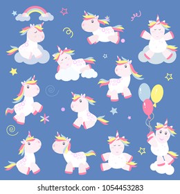 Cute unicorn magic baby vector. Fantasy animal lovely horn head illustration sweet horse dream cartoon rainbow. Beautiful funny pony star happy graphic card pink color fairy fairytale heart children.