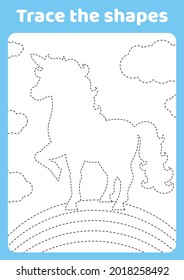 Cute unicorn. Magic fairy horse. Trace and color. Coloring page for kids. Handwriting practice. Education developing worksheet. Activity page. Game for toddlers. Cartoon style.