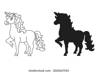 Cute unicorn. Magic fairy horse. Coloring book page for kids. Black silhouette. Cartoon style. Vector illustration isolated on white background.