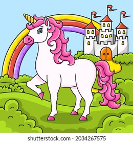 Cute unicorn. Magic fairy horse. Landscape with a beautiful castle. Cartoon character. Colorful vector illustration. Isolated on color background. Design element.