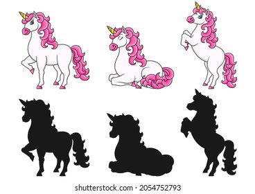 Cute unicorn. Magic fairy horse. Cartoon character. Black silhouette. Colorful vector illustration. Isolated on white background. Design element.