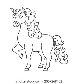 Cute unicorn. Magic fairy horse. Coloring book page for kids. Cartoon style. Vector illustration isolated on white background.
