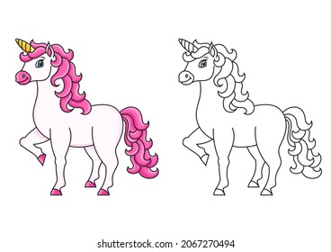 Cute unicorn. Magic fairy horse. Coloring book page for kids. Cartoon style. Vector illustration isolated on white background.