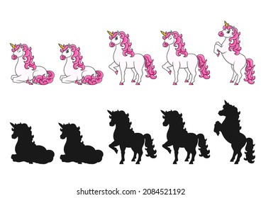 Cute unicorn. Magic fairy horse. Cartoon character. Black silhouette. Colorful vector illustration. Isolated on white background. Design element.