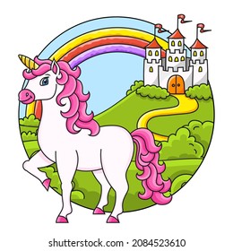 Cute unicorn. Magic fairy horse. Landscape with a beautiful castle. Cartoon character. Colorful vector illustration. Isolated on color background. Design element.