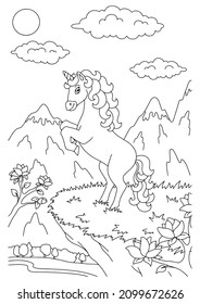 Cute unicornio. Caballo mágico. Colorando la página del libro para los niños. Estilo de caricatura. Ilustración vectorial aislada en fondo blanco.