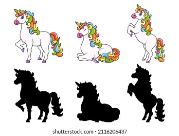 Cute unicorn. Magic fairy horse. Black silhouette. Cartoon character. Colorful vector illustration. Isolated on white background. Design element.
