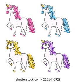 Cute unicorn. Magic fairy horse. Cartoon character. Colorful vector illustration. Isolated on white background. Design element. Template for your design, books, stickers, cards.