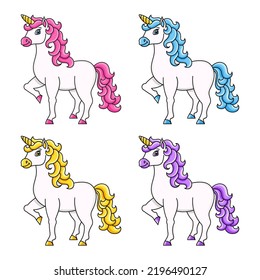 Cute unicorn. Magic fairy horse. Cartoon character. Colorful vector illustration. Isolated on white background. Design element. Template for your design, books, stickers, cards.