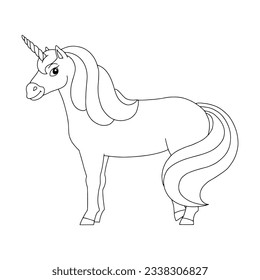 Cute unicorn. Magic fairy horse. Coloring book page for kids. Cartoon style. Vector illustration isolated on white background.