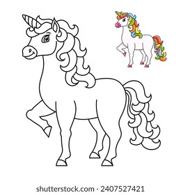 Cute unicorn. Magic fairy horse. Coloring book page for kids. Cartoon style. Vector illustration isolated on white background.