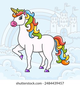 Cute unicorn. Magic fairy horse. Landscape with a beautiful castle. Cartoon character. Colorful vector illustration. Isolated on color background. Design element.