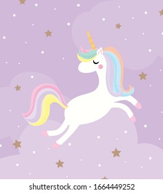 Cute unicorn magic flying in the sky with stars on purple background. for kids stuff, birthday card, posters, greeting card. vector