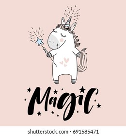 cute unicorn with "Magic" hand lettering sign.