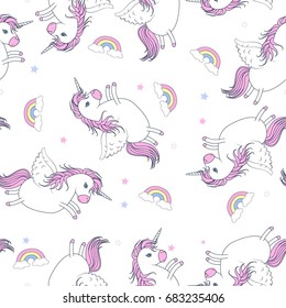Cute unicorn and magic icons seamless pattern print design. Vector illustration design for fashion fabrics, textile graphics, prints.