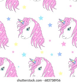 Cute unicorn and magic icons seamless pattern print design. Vector illustration design for fashion fabrics, textile graphics, prints.