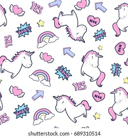 Cute unicorn and magic icons seamless pattern print design. Vector illustration design for fashion fabrics, textile graphics, prints.