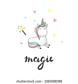 Cute unicorn. Magic lettering. Magic design element isolated on white background. Vector illustration.