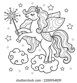 Cute unicorn with a magic wand on a cloud. Black and white linear drawing. For the design of prints frame paint books, posters, stickers, cards, t-shirts, cups and so on. Vector