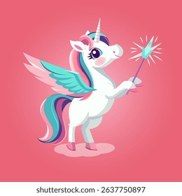 Cute unicorn with a magic wand. Vector illustration