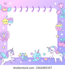 Cute Unicorn magical frame design for memo, sticky notes, planner, notepad background template