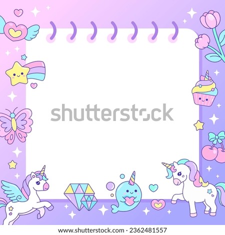 Cute Unicorn magical frame design for memo, sticky notes, planner, notepad background template