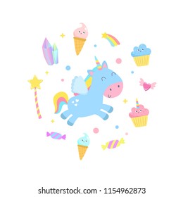 Cute unicorn and magical items vector illustration.