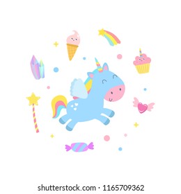 Cute unicorn and magical items vector illustration.